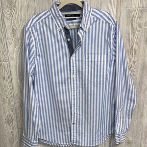 Nautica Men's Light Blue and White Striped Shirt